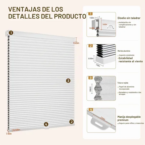 Vista 9 de Grandekor Persianas celulares inalámbricas sin taladro, opacas, persianas de panal para ventanas interiores, protección UV, privacidad, sin taladro