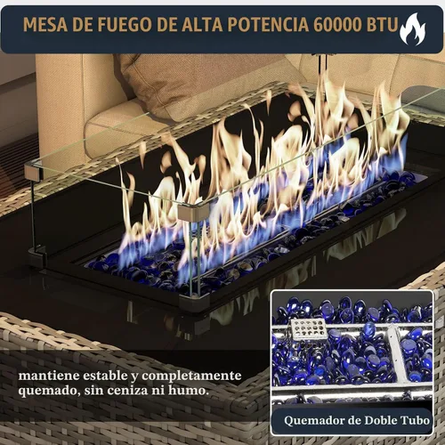 Vista 3 de Mesa para fogón de gas propano de 44 pulgadas para patio exterior, fogón rectangular al aire libre de mimbre de ratán de 60000 BTU con protector