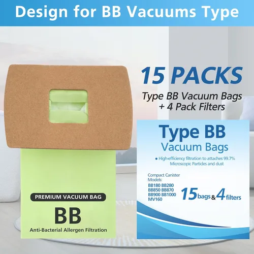 Vista 2 de Paquete de 15 bolsas compactas tipo BB de repuesto para Oreck XL Buster B bolsas de vacío PKBB12DW BB180 BB280 BB850 BB870 BB900 BB1000 MV160 con 4