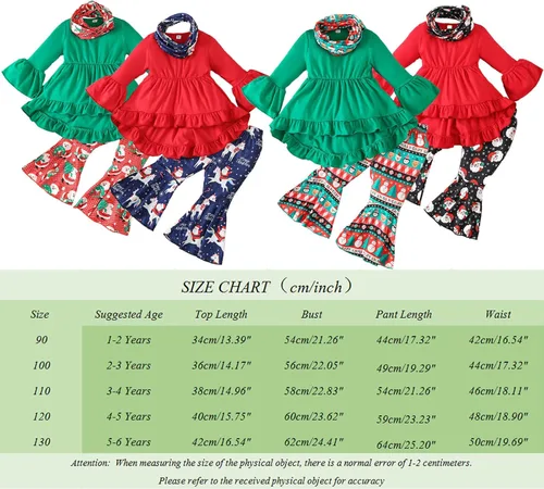 Vista 7 de Traje de Navidad para bebé niña, camisa de manga larga, vestido con volantes, leggings para niños, pantalones acampanados, bufanda, disfraz de Papá