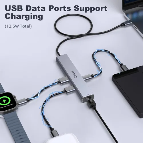 Vista 2 de Concentrador USB C, intpw 6 en 1, adaptador multipuerto USB C con HDMI 4K @60Hz, Gigabit Ethernet, 100W PD, transferencia de datos USB 3.0 de 5