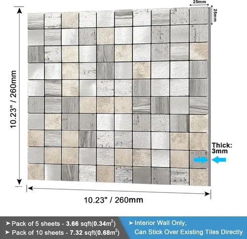 Vista 6 de BeNice - Azulejos de metal para salpicaduras de despegar y pegar, madera rústica, gris, 10