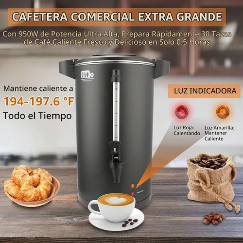 Vista 3 de Urna de café comercial de 30 tazas 6L, Cafetera de percolado de doble pared de 750W de Festa Essential, urna de agua caliente de acero inoxidable