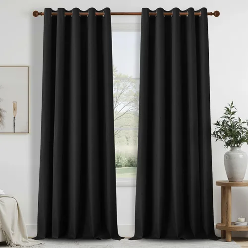 Vista 42 de DONREN Cortinas opacas completas para dormitorio, aislamiento térmico y reducción de ruido, cortinas de lino con ojales para sala de estar y Negro