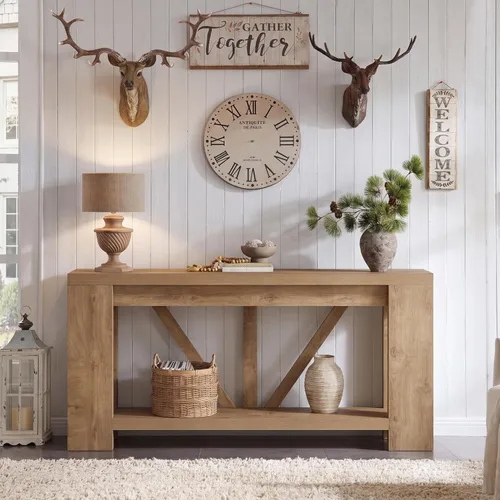 Vista 3 de Tribesigns Mesa de entrada extra larga de 70.9 pulgadas, mesa consola de madera de granja con almacenamiento, mesa de sofá moderna detrás del sofá