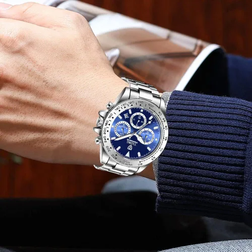 Vista 7 de Dentily Reloj de cuarzo para hombre, cronógrafo, de acero inoxidable, impermeable, para negocios, para hombre