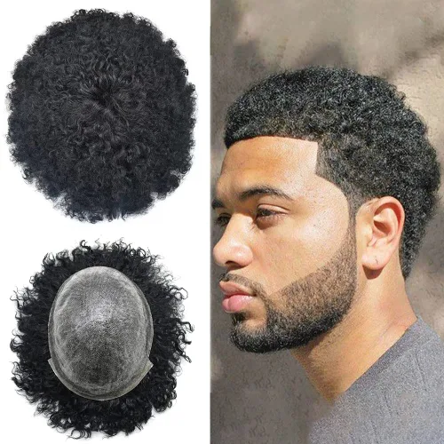 Vista 9 de Afro Toupee para hombres negros unidad de cabello humano para hombres negros postizo PU Ingección Afro Mens Toupee 4MM onda #1 negro azabache