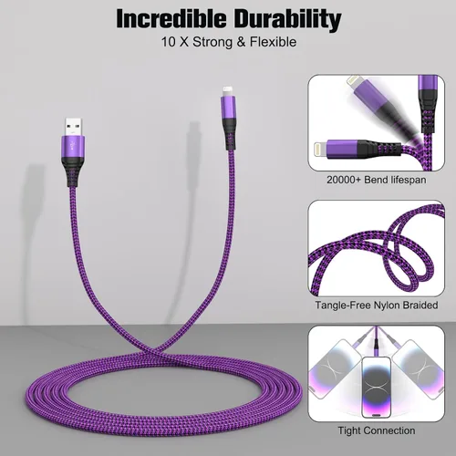 Vista 2 de Quickeep Paquete de 2 cargadores para iPhone de 3 pies, USB A a Lightning, cable trenzado de carga rápida para iPhone 14 13 12 11 Pro Xr Xs Max 10 8
