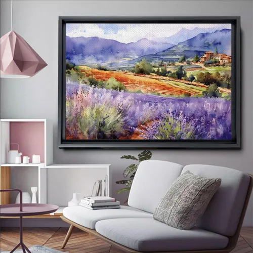 Vista 3 de Fields of Lavender, Watercolor Provence Landscape and Lavender Field - Watercolor Painting of Serene Beauty