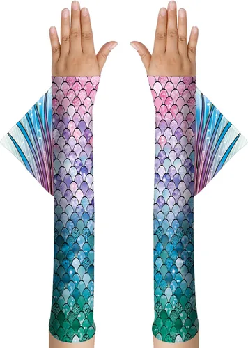 Vista 3 de color cosplayer Mermaid Gloves Fish Scales Arm Sleeves Sequin Gloves Fish Scale Fingerless Gloves with Fins
