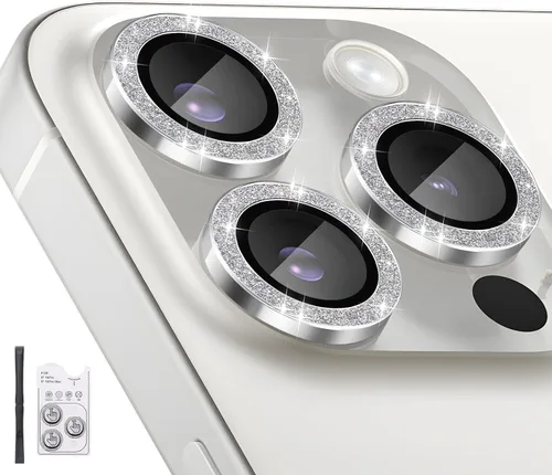 Vista 15 de Protector de lente de cámara para iPhone 16 Pro/iPhone 16 Pro Max, protector de lente de anillo de cámara de vidrio templado individual con bandeja