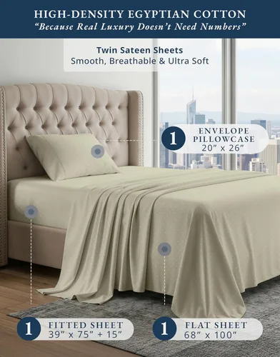 Vista 417 de LANE LINEN - Sábanas individual 100% algodón egipcio suave, cómodo y grueso de calidad de hotel, costuras reforzadas totalmente elásticas, sin