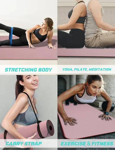 Vista 4 de Tapete de yoga de doble cara antideslizante, 2.835 x 1.260 x 0.276 in, extra ancha y gruesa con correa, esterillas de yoga profesionales de TPE