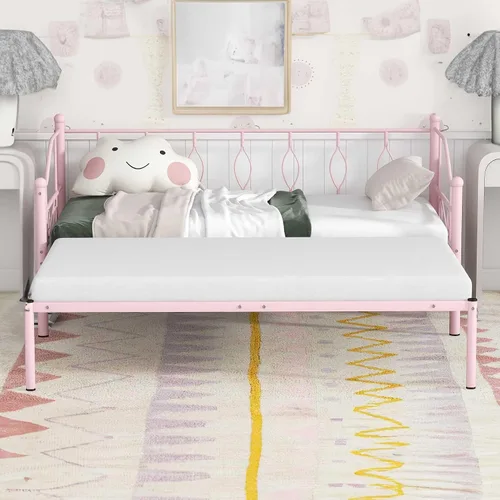Vista 8 de Sofá cama individual con nido, marco de cámara de plataforma de metal moderno, sofá cama resistente para sala de estar, soporte de listones