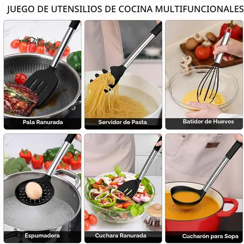 Vista 7 de Onader Juego de 10 utensilios de cocina de silicona, con soporte y mango de acero inoxidable resistente al calor para utensilios de cocina Negro
