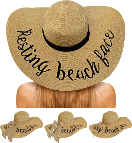 Vista 10 de Sombreros de sol para mujer, sombrero de pescador de paja de ala ancha de 2-Beige