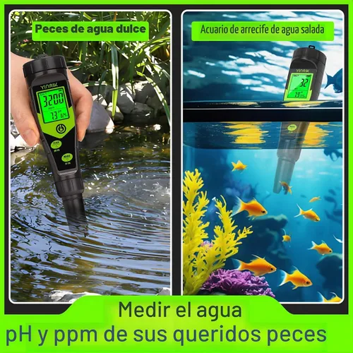 Vista 4 de Probador de Sal para Piscina, Medidor Digital 5 en 1 de pH, TDS, EC y Salinidad con Kit de Solución de Calibración, Visualización Simultánea de ppm