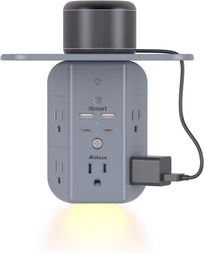 Vista 10 de Extensor de toma de pared con estante y luz nocturna, protector de sobretensiones, cargador de pared USB con 5 salidas USB y 3 puertos USB, 1 salida