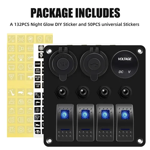 Vista 4 de FXC Panel de interruptor basculante azul de barco marino impermeable de 4 vías con enchufe USB QC3.0 y ranura tipo C + encendedor de cigarrillos +