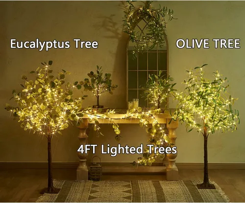 Vista 6 de Fudios Árboles iluminados para interiores de 4 pies con 160 luces LED de eucalipto artificial con luces para exteriores, planta falsa
