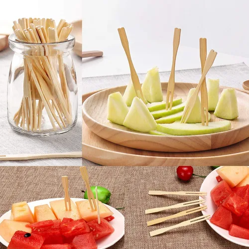 Vista 2 de Dongming Tenedores de bambú en miniatura para aperitivos (110 unidades, 3.5 pulgadas, doble punta, biodegradables)