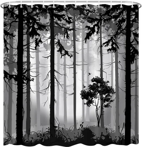 Vista 3 de Cortina de ducha de luna llena de bosque brumoso, árbol blanco y negro, niebla, abstracto, gótico, naturaleza, gris, granja, tela de poliéster