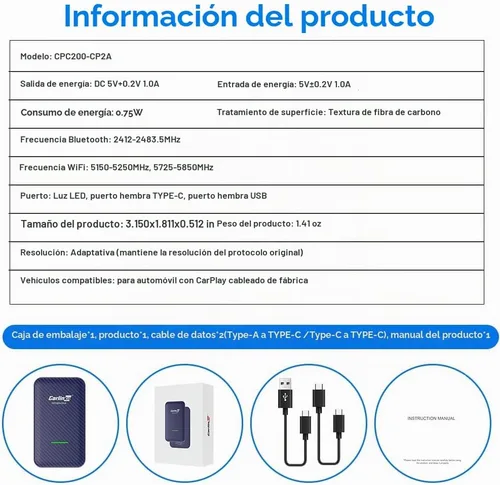 Vista 8 de CarlinKit Adaptador inalámbrico 4.0 CP2A, dongle 2 en 1 para autos CarPlay