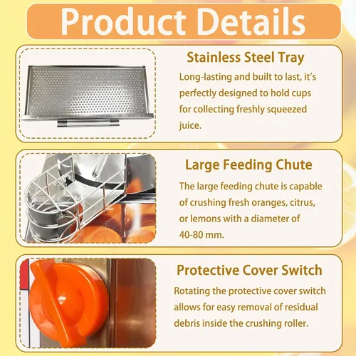 Vista 6 de Exprimidor de naranja comercial 110 V Vertical Orange Juice Extractor Machine Citrus Lemon Squeezer 20PCS/Min, con gabinete de acero inoxidable