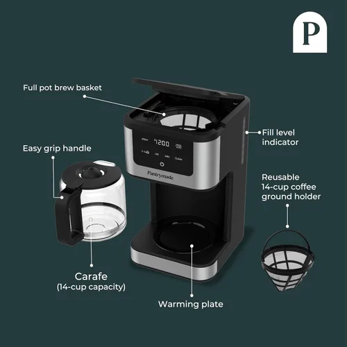 Vista 5 de Pantrymade Cafetera de goteo programable de lujo de 14 tazas con jarra de vidrio Cafetera de gran capacidad para 14 tazas con apagado automático
