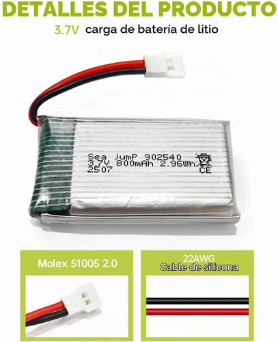 Vista 7 de sea jump Batería Lipo de 3.7 V 800 mAh 25C con enchufe Molex y cable de carga USB compatible con WLtoys SYMA la mayoría de drones, cuadricópteros