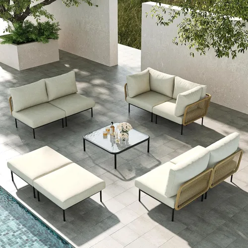 Vista 32 de LayinSun Juego de muebles de patio de aluminio de 7 piezas, sofá modular moderno con mesa auxiliar y cojín de grosor mejorado Gris claro