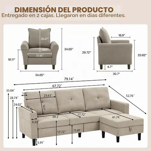 Vista 2 de Juego de sofá seccional de 2 piezas, juego de sofá y silla de 3 asientos con bolsillos laterales y otomana de almacenamiento móvil, moderno juego
