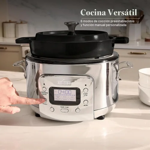 Vista 8 de All-Clad Olla de cocción lenta eléctrica 7 en 1 de 5 cuartos de galón con acero inoxidable y hierro fundido, 1200 W - Olla esmaltada negra