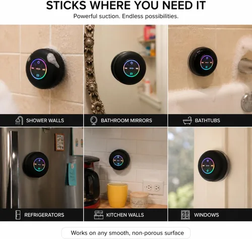 Vista 4 de Altavoz de ducha Bluetooth con LED – Altavoz mini inalámbrico portátil con micrófono y ventosa, resistente al agua IPX4 para ducha, viaje, piscina