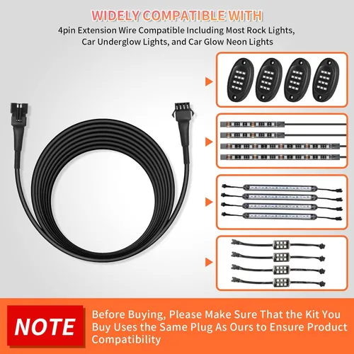Vista 7 de 4 cables de extensión de luces LED RGB de 47 pulgadas/3.93 pies, cable de cable de 4 pines, conector a presión, luces subterráneas, multicolor