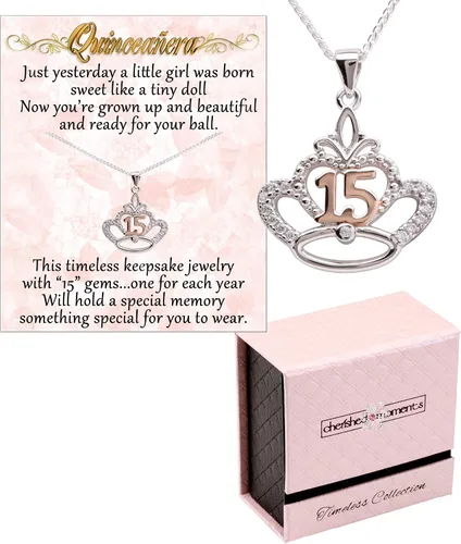 Vista 3 de Collar o aretes de plata de ley para regalo de quinceañera, regalo dulce para niñas de 15 años con 15 circonita cúbica brillante, Circonita cúbica