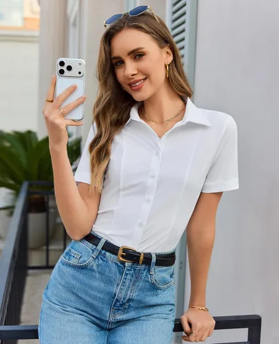 Vista 6 de Camisas con botones para mujer, elásticas, de manga corta, con cuello, sin arrugas, básica, de negocios, blusa de trabajo