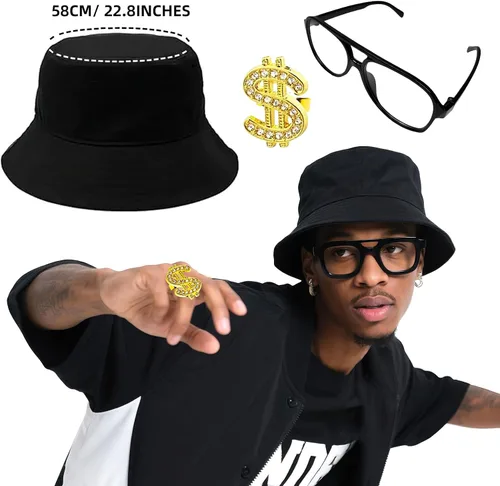 Vista 4 de 90s Accessories Outfit for Men 80s Hip Hop Costumes Kit Fake Gold Chain Twist Leg Punk Sunglasses and Rings Adjustable Boom Box Rapper Accessories