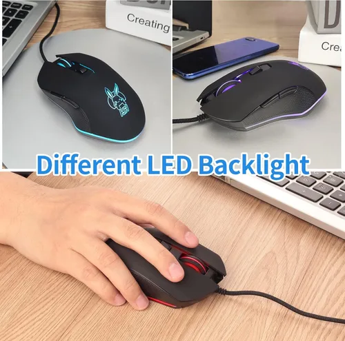Vista 7 de IULONEE Ratón óptico con cable USB tipo C, silencioso para computadora, mouse óptico para juegos, ergonómico, 7 retroiluminación LED, 2400 DPI, 6