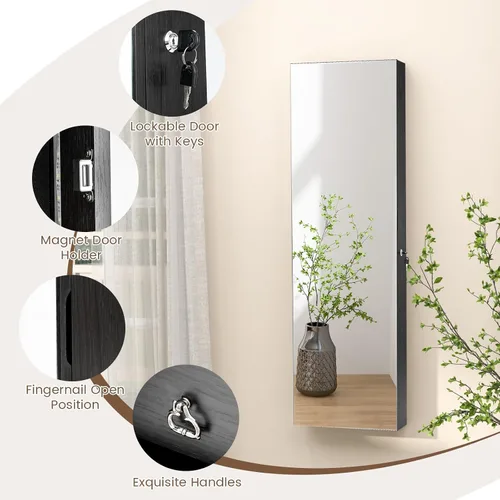Vista 5 de COSTWAY Armario de joyería con espejo LED, espejo de longitud completa con almacenamiento de joyas, organizador de joyas colgante con cerradura