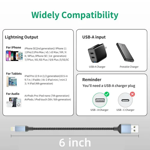 Vista 7 de 6 Inch Short Lightning Cable Fast Charging 0.5FT USB to Lightning Cable MFi Certified, Nylon Braided, Zero Excess Slack, Hassle-Free Design for
