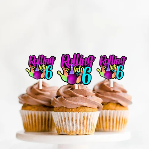 Vista 6 de 18 piezas de bola de boliche con purpurina, decoración de postre, magdalenas, boliches, 6 temas, suministros de decoración para niños y niñas