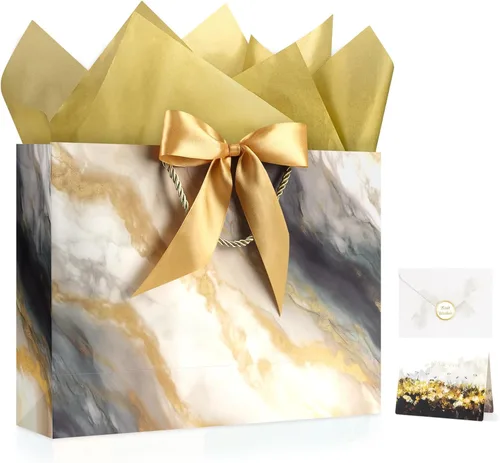 Vista 24 de JMANNI Bolsas de regalo, 3 piezas de tamaño mediano con cinta de lazo, bolsa de regalo de papel portátil, patrón de mármol, para cualquier ocasión