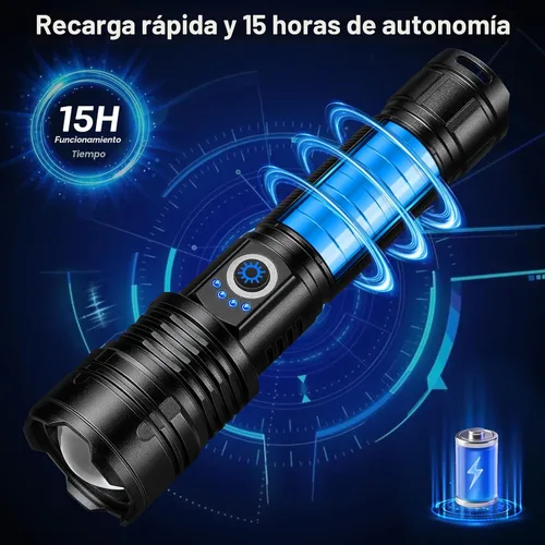 Vista 3 de Linterna recargable de 99,000 lúmenes altos, paquete de 2 linternas recargables superbrillantes para el hogar, luz LED de larga duración de 15 horas