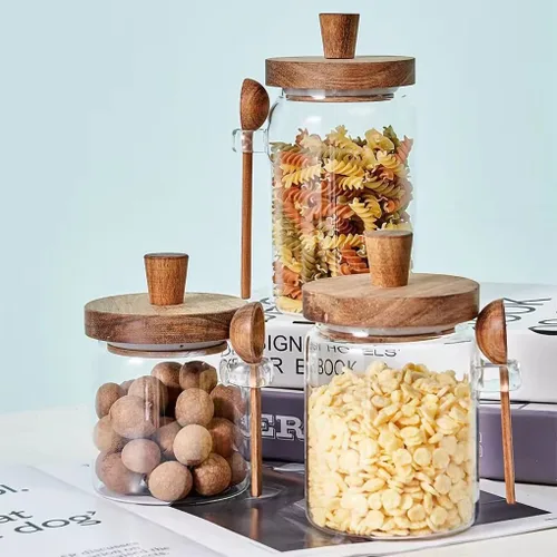 Vista 5 de WAIT FLY Tarros de vidrio con tapa de madera hermética y cuchara, recipientes de cocina para almacenamiento de alimentos para té, café, hierbas