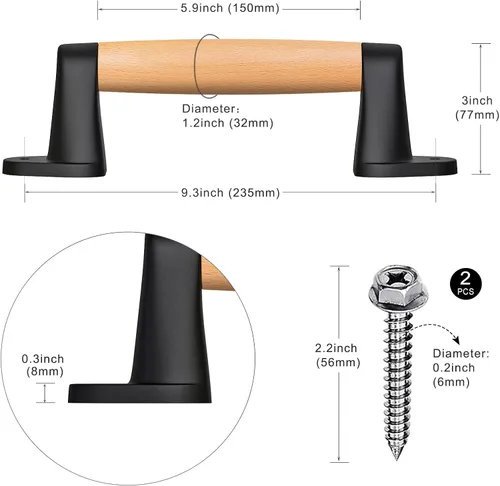 Vista 6 de SELEWARE Manija de madera para puertas correderas, 2 unidades, 9 pulgadas Soportes de plástico negro (paquete de 2)