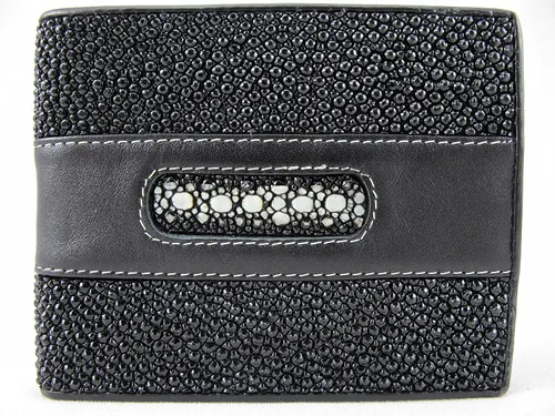 Vista 2 de Cartera plegable suave de piel de rayas de diamante genuino, Negro -, Billetera plegable