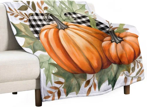 Vista 34 de Manta de lana cuadriculada con diseño de calabaza, hojas de arce, Acción de Gracias, manta de cama para otoño, Acción de Gracias, ligera, súper