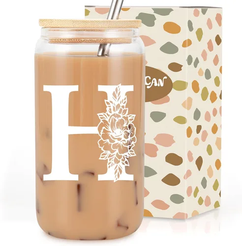 Vista 12 de Taza de Vidrio Inicial Coolife, Regalos Personalizados para Mujeres, Tazas de Vidrio de 16 oz con Tapas y Popotes, Taza para Café Helado, Licuado
