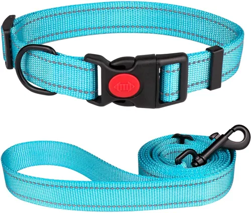 Vista 18 de Juego de collar y correa reflectante para perro con hebilla de bloqueo de seguridad, collares de nailon para mascotas ajustables para perros Negro